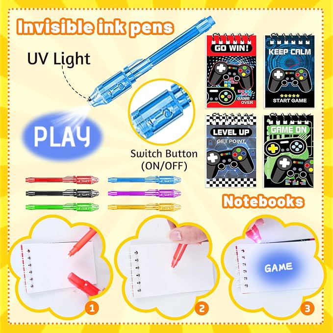 120 PCS Video Game Party Favors, Gamer Gaming Party Favors - Glasses Invisible Ink Pens Notebooks Drinking Straws Stamps Tattoo Stickers Gift Bags for Game On Birthday Parties Favor Supplies