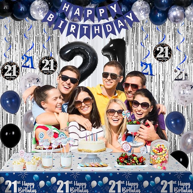 21st Birthday Decorations for Him Her Dark Blue, Happy 21st Birthday Decorations for Men Women with Banner 21 Balloon Number Tablecloth Foil Star Balloons Garland Arch Kit-21 Years Old Party Supplies