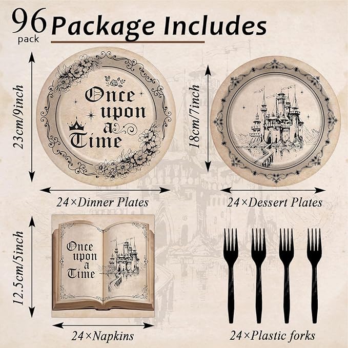 Fairytale Plates and Napkins Once Upon a Time Tableware Set Girl Princess Plates Old Opening Book Dinnerware Floral Castle Plate for Birthday Party Wedding Baby Shower Decoration Supplies Serve 24
