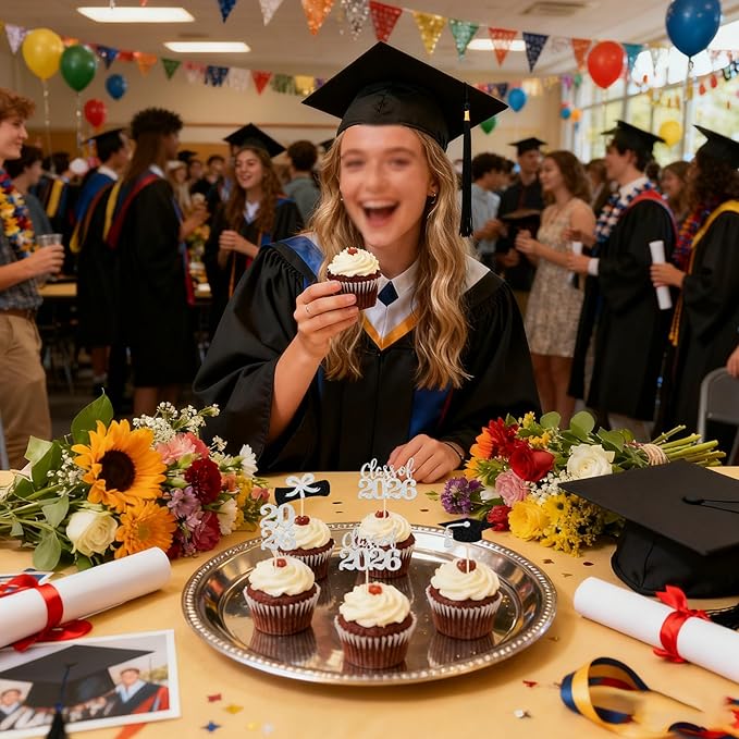36 PCS 2026 Graduation Theme Cupcake Toppers Glitter Class of 2026 Grad Cap Diploma Cupcake Picks 2026 Graduation Theme Party Cake Decorations Supplies Silver