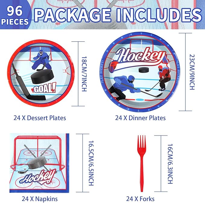 Grencian 96Pcs Hockey Birthday Party Supplies 350 GSM Ice Hockey Paper Plates and Napkins Tableware Sets for Boys Kid's Fans Gameday Sports Theme Party Decorations Favors Servers 24