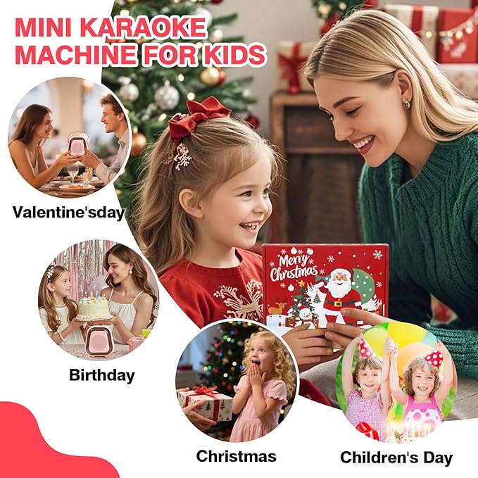 Mini Karaoke Machine for Kids, Karaoke Speaker with LED Lights, Portable Bluetooth Entertainment System with 2 Microphones, Dynamic Color-Changing Effects for Kids (Pink+2 Mic)