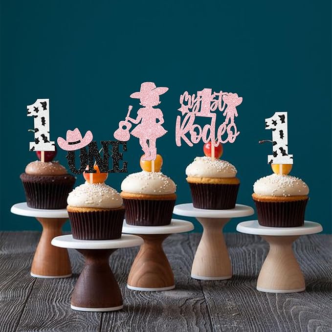 24 PCS Cowgirl 1st Birthday Cupcake Toppers Glitter My 1st Rodeo First Birthday Hat Cowgirl One Cupcake Picks for Western Theme Baby Shower Kids Girls 1st Birthday Party Cake Decorations Supplies
