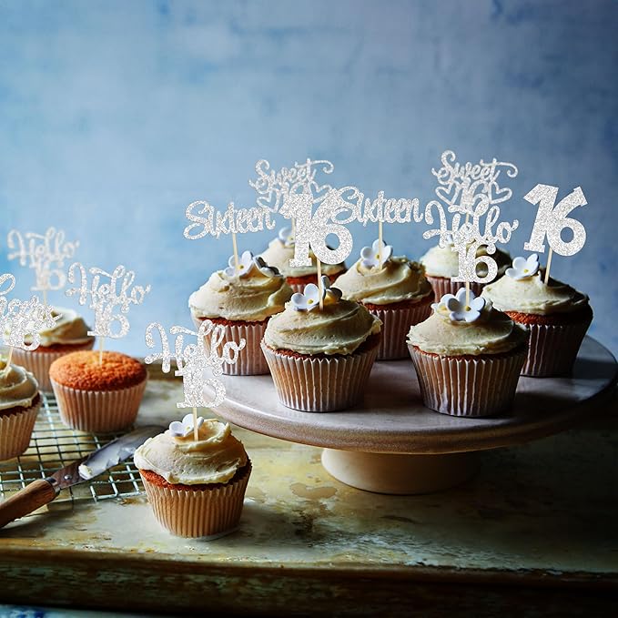 30Pcs 16th Birthday Cupcake Toppers Sixteen Happy 16 Cupcake Picks Cheers to 16 Sweet 16 Cake Decorations for 16th Birthday Anniversary Party Supplies Silver Glitter