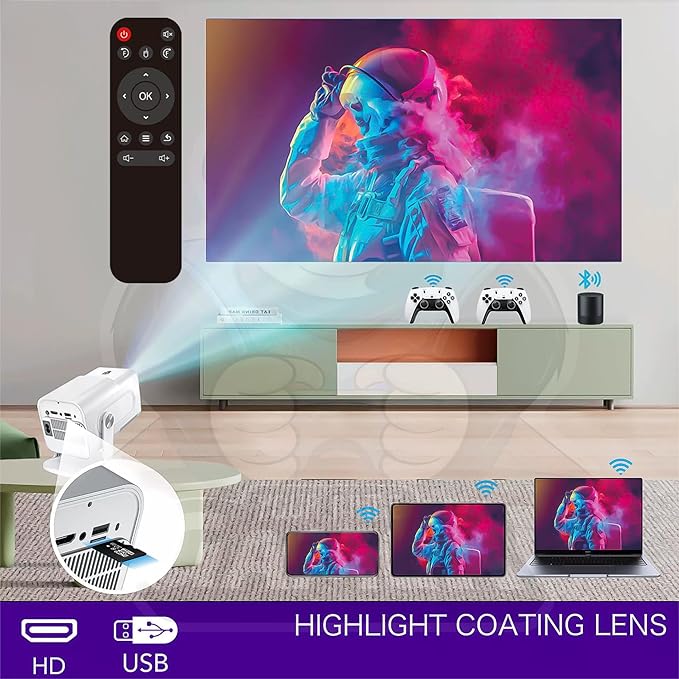 HCS350 Pro Projector and game,Retro 4K Smart Game Projector 1280*1080P Built-in 30000 Games,Portable video game with 2 Wireless Controllers,5G WiFi Bluetooth,HDMI,Android 12,home theater,office（White）