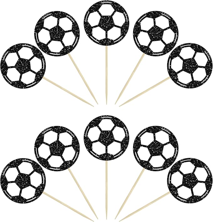 24Pcs Soccer Ball Cupcake Toppers Black Glitter Sports Theme Football Cupcake Food Picks Sport Balls Baby Shower Wedding Birthday Party Cake Decorations Supplies