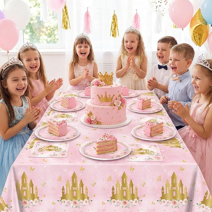41PCS Princess Birthday Party Decorations,Pink Floral Castle Princess Birthday Themed Tableware Set Includes Paper Plates and Napkins,Tablecloth for Princess Party Supplies,Serves 20