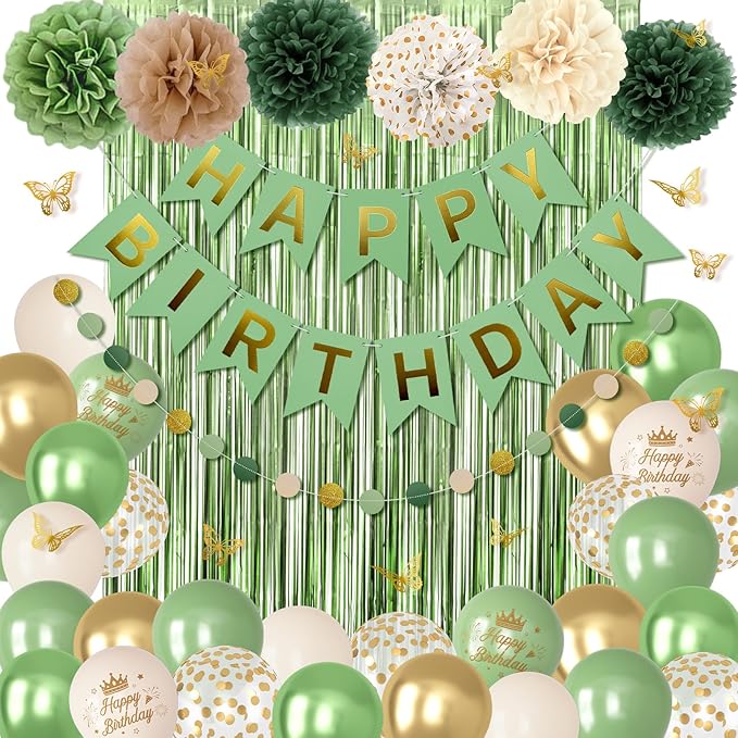 Sage Green Birthday Decorations, Olive Green Gold Metallic Printed Balloons Butterfly Stickers Fringe Curtain Happy Birthday Banner Circle Dots Paper Pompoms for Women Girls Boys Party Decor Supplies