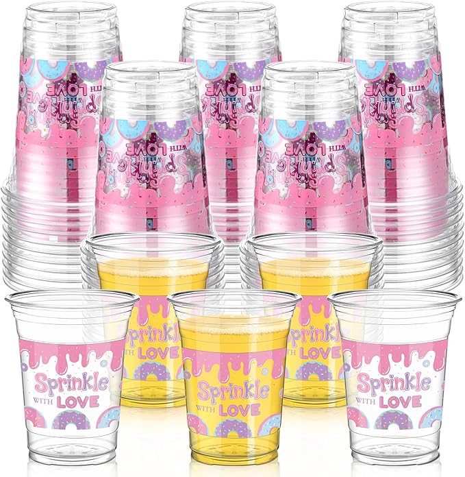 Qinyoung 50 Pcs 16 oz Pink Donut Sprinkle Cups for Donut Baby Shower Decorations Baby Shower Cups Plastic Disposable Drinking Birthday Party Supplies