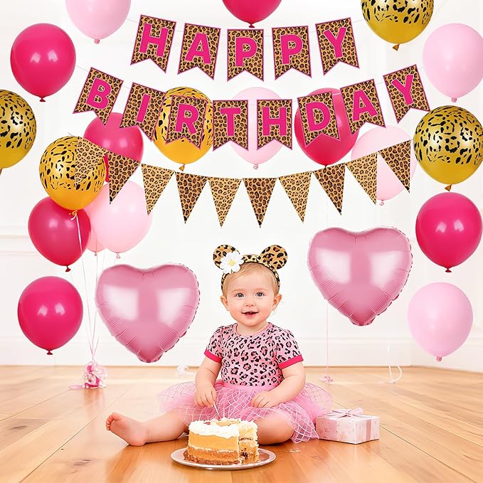 Pink Leopard Birthday Decorations, Gold Cheetah Print Animal Balloons Hot Pink and Heart Balloons, Cheetah Happy Birthday Banner for Safari Wild Birthday Baby Shower Jungle Theme Party Supplies