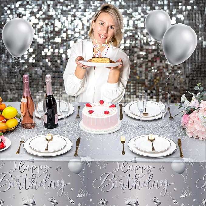 Tudomro 3 Pcs Happy Birthday Tablecloths Happy Birthday Party Decorations Plastic Table Cover Rectangular Cloths for Women Men Baby Shower Party Supplies, 108 x 54 Inch (Silver)