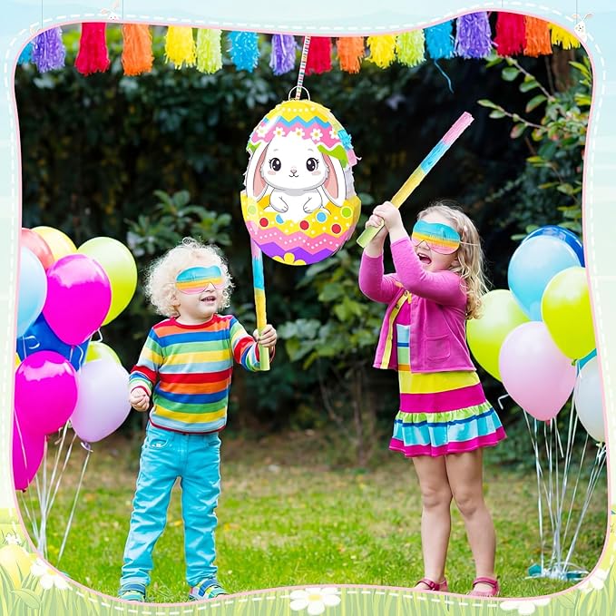 Bunny Easter Egg Piñata with Blindfold, Bat and Filler, Funny Cute Bunny Party Favors for Cute Easter Egg Theme Adults Party Supplies Decoration