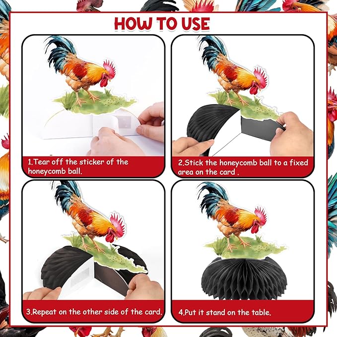 JOYMEMO 8 Pieces Rooster Honeycomb Centerpieces for Tables - Chicken Farm Theme Birthday Decorations, Chick Backyard Table Toppers for Rooster Party Supplies