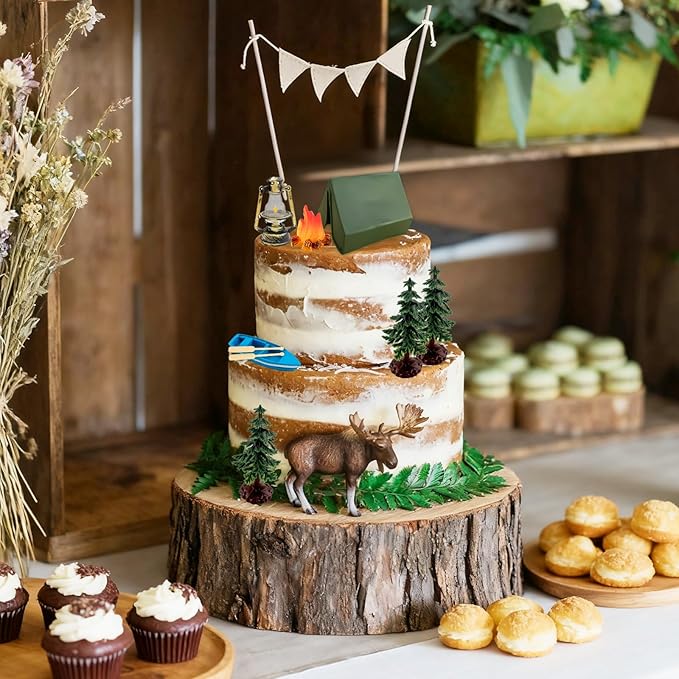 Morofme Camping Cake Decorations Tent Cake Topper Wilderness Forest Themed Cupcake Topper Boat Fireside Campfire Tree Cupcake Decor for Camping Theme Birthday Party Supplies