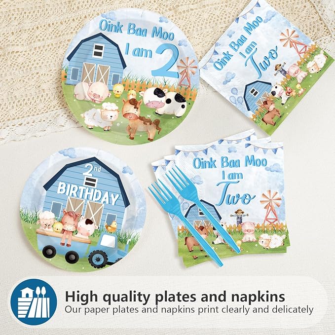 96Pcs Oink Baa Moo Im Two Party Supplies Farm Animal 2nd Birthday Plates and Napkins Farm House Animal Barnyard Theme Tableware Set for Boy Girl 2 Year Old Birthday Party Supplies，Serves 24