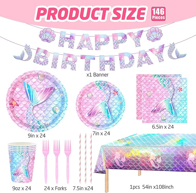 146Pcs Mermaid Plates and Napkins mermaid Party Supplies Includes Plates, Napkin, Fork, Cup, Straw, Tablecloth, Banner for Baby Shower Ocean Birthday Party Decorations, Serves 24 (Mermaid)