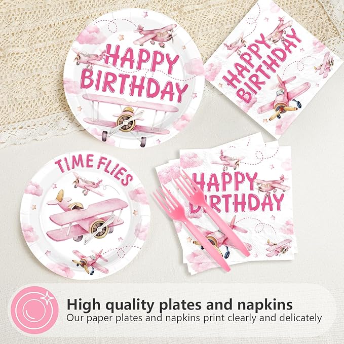 96Pcs Airplane Birthday Party Decorations Pink Airplane Aircraft Plates and Napkins How Time Flies Decorations for Girls Little Pilot Aviation Theme Birthday Baby Shower Party Supplies Serves 24