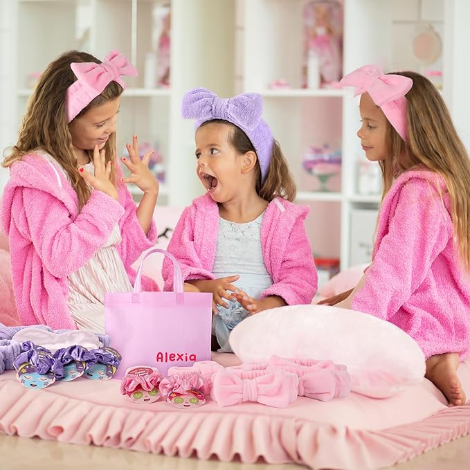 72 Pcs Girls Spa Sleepover Party Supplies With DIY Sticker And Greeting Card Pink Purple Headband Wristbands Eye Mask Hair Scrunchie Tote Bag Sleeping Slumber Party Favor
