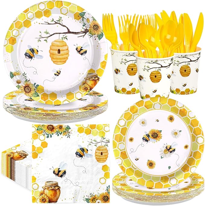 168Pcs Bee Birthday Party Decorations Bumble Bee Party Supplies Include Plates, Cups, Napkins, Forks,Honey Bees Tableware Sets for Girls Boys Baby Shower Gender Reveal Bees Day Decorations Serves 24 ﻿