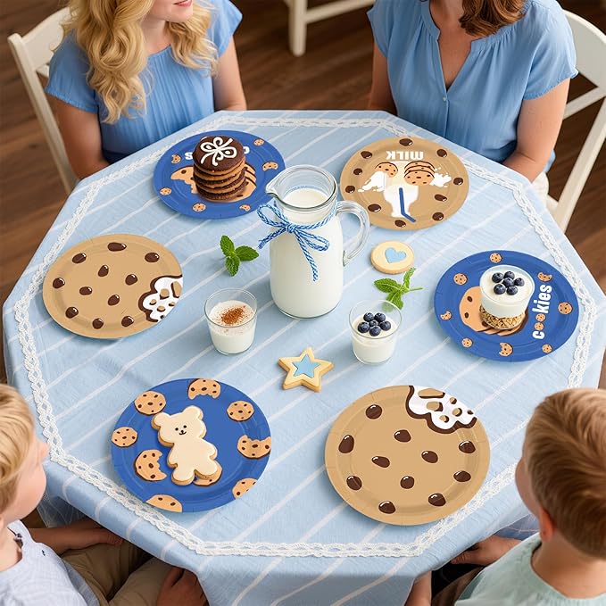 60 Pcs Milk and Cookies Birthday Party Plates 7" Disposable Chocolate Chip Cookie and Milk Dessert Plates Blue Brown Milk Cookies Theme Paper Platters for Kids Birthday Baby Shower Party Decorations