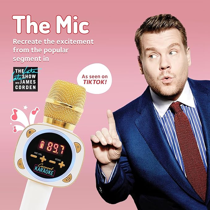 Carpool Karaoke Machine for Kids & Adults, Carpool Karaoke The Mic 1.0 by Singing Machine - Wireless & Bluetooth Karaoke Microphone with Mic Volume, Echo Controls as White Elephant Gift, Gold & White