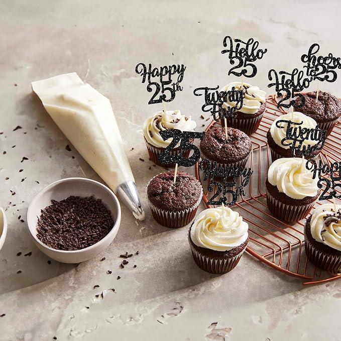 30pcs 25th Birthday Cupcake Toppers - 25th Anniversary Cake Decorations with Black Glitter