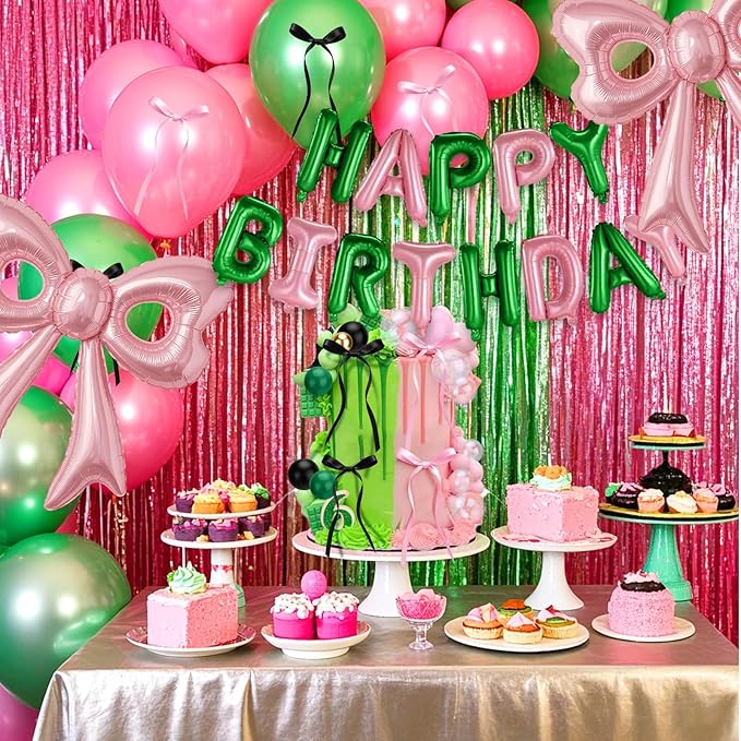 Pink and Green Happy Birthday Balloons, 31”Huge Pink Bow Aluminum Foil Balloons for Girl Woman Birthday Princess Bachelorette Witch Party Decorations Supplies