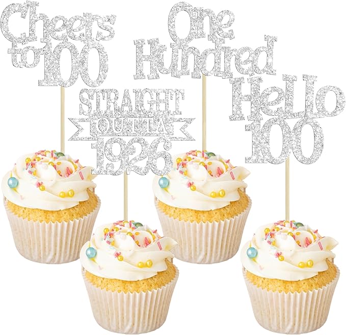 Ephlyn 24Pcs Happy 100th Birthday Cupcake Toppers Glitter Straight Outta 1926 Cupcake Picks Hello 100 Cheers to 100 Years Birthday Cake Decorations for 100th Birthday Anniversary Party Supplies Silver