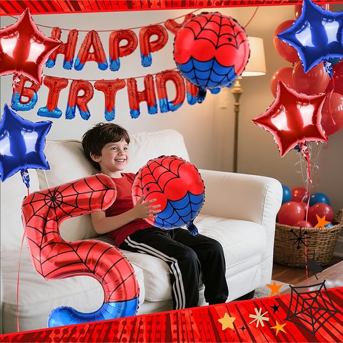 Spider Themed Happy Birthday Banner Party Decorations Set Including 40 Inch Number 5 Foil Balloons, Themed Party Essentials, Colorful Superhero Backdrop Supplies for Boys Indoor Outdoor Celebration