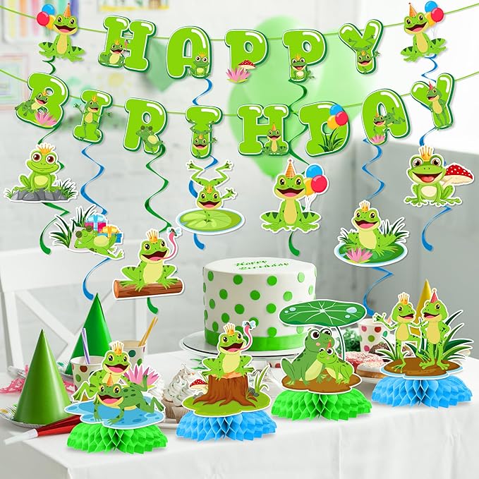 Frog Birthday Decorations Include Frog Happy Birthday Banners Hanging Swirls Honeycomb Centerpieces Princess Prince Frog Theme Party Supplies