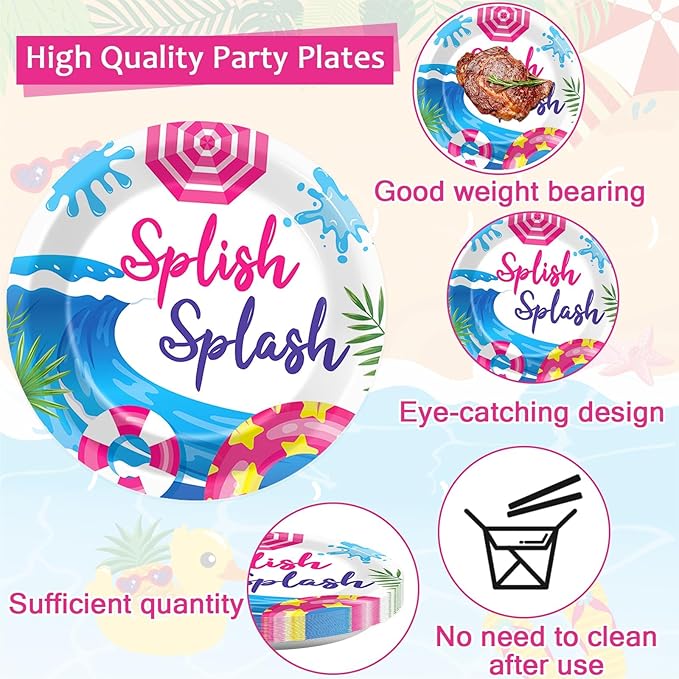 CHUNNIN 96Pcs Pink Splish Splash Plates and Napkins Summer Pool Birthday Party Decorations Splish Splash Bash Dessert Plates Summer Beach Tableware for 24 Guests Girls Hawaiian Party Supplies