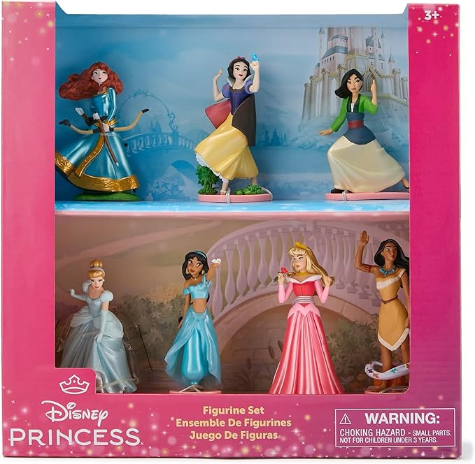 Disney Store Official Princess Figure Set – 7 Fully Sculpted Disney Figures Including Cinderella, Mulan, Jasmine & More in Double-Tiered Box with Scenic Backgrounds