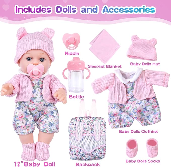 12 Inch Baby Doll Backpack Playset with Dolls Clothes and Accessories Included Backpack, Washcloth, Bottles, Nipple,Socks, Hats