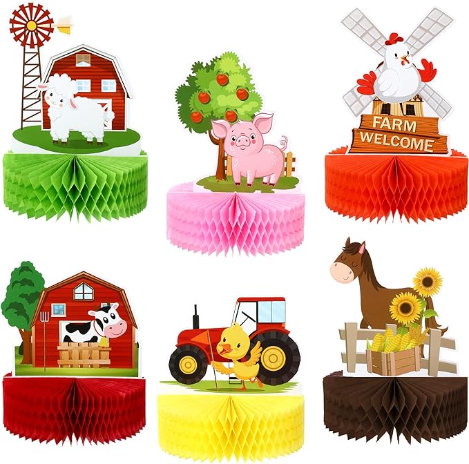 Threan 6 Pcs Farm Animals Party Decorations Birthday Honeycomb Centerpieces Farm Animals Table Topper Colorful Barn Cow Duck for Birthday Party Decoration Favor Supplies Double Sided Table Photo Props
