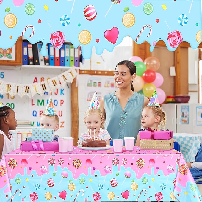 4 Pieces Candyland Plastic Tablecloth Candyland Sweet Party Decorations Colorful Lollipop Pink Table Covers for Candy Land Birthday Baby Shower Sweet Party Supplies