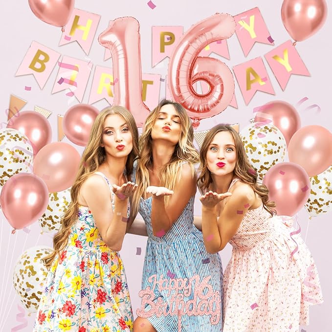 Rose Gold 16 Birthday Decorations, 16th Happy Birthday Party Decorations Set For Girl Woman Princess With Number 16 Balloons Gold Confetti Latex Balloons Flag Banner Fringe Curtain Cake Topper