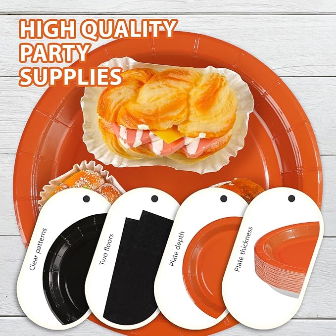 Grencian 96Pcs Orange and Black Party Decorations Orange and Black Plates and Napkins Disposable Paper Tableware Set for Birthday Wedding Baby Shower Fall Harvest Halloween Party Supplies, Serves 24