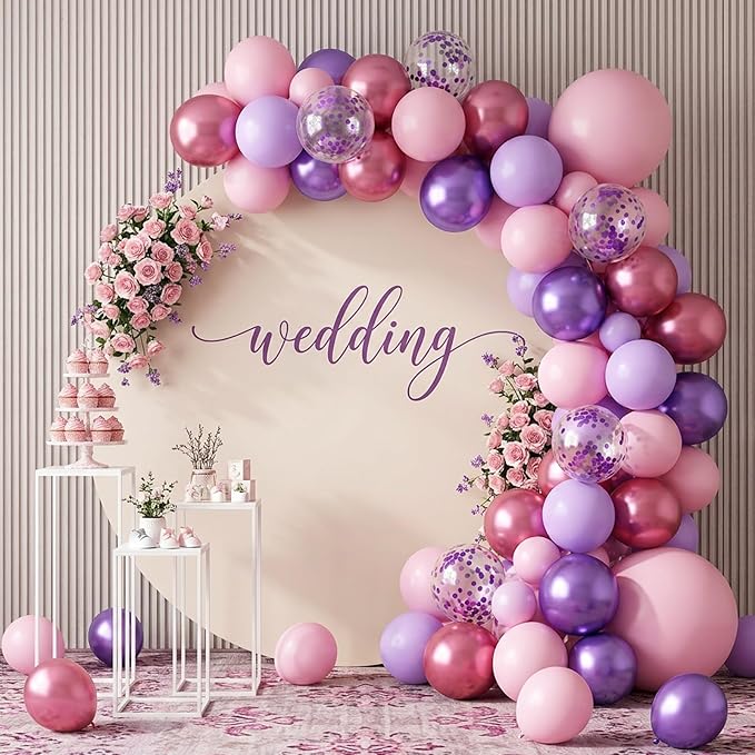 RUBFAC Pink Purple Balloon Garland Arch Kit 129pcs Different Sizes Pack of 18 12 10 5 Inch, Latex Metallic Confetti Lavender Purple Pastel Pink Balloon Garland Arch Kit for Birthday Wedding