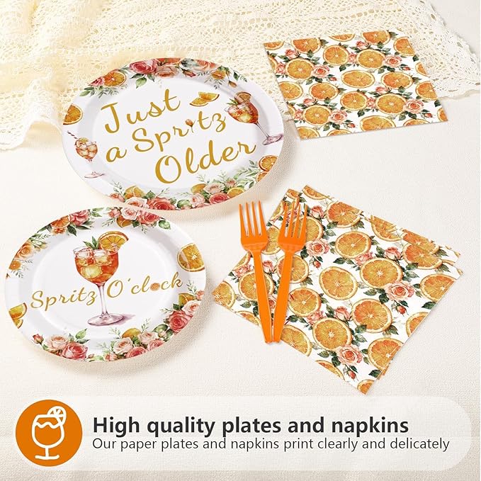 96 Pcs Spritz Party Decorations Just a Spritz Older Paper Plates and Napkins Orange Citrus Tableware Set for Cocktail Engagement Wedding Bachelorette Birthday Party Supplies
