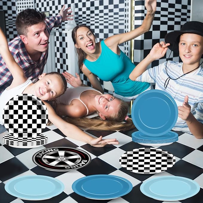 CHUNNIN 48Pcs Race Car Birthday Party Paper Plates for Theme Party Supplies 7" Black White Fast Paper Plates Blue Racing Car Disposable Tableware for Kids Boys Birthday Baby Shower Decorations