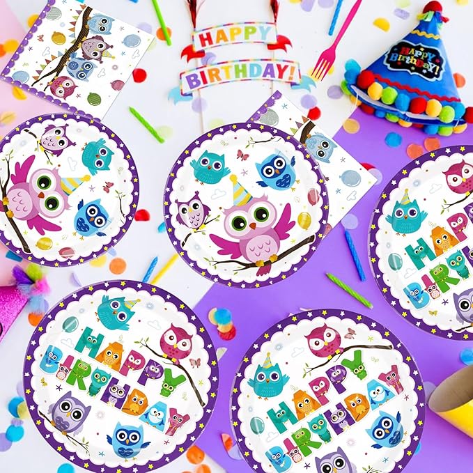 96 Pcs Owl Birthday Party Supplies Cute Cartoon Owl Paper Plates and Napkins Disposable Animal Owl Theme Tableware Set Owl Birthday Party Decorations for Kids Boys Girls Birthday Baby Shower Serves 24