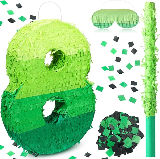 Number Piñata Decorations 16 Inch Gradient Green Piñata with Blindfold Stick and Confetti for Birthday Baby Shower Safari Jungle Themed Party Supplies Centerpiece(Number 8)