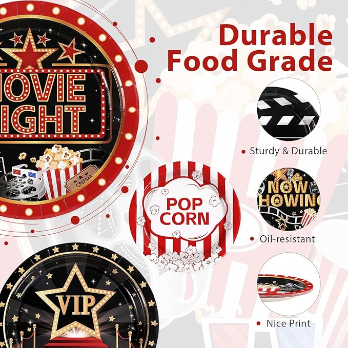 Grencian 60 Pcs Movie Night Paper Plates 9" Disposable Heavy Duty Now Showing Theater Dessert Paper Plates Movie Theme Tableware Set for Film Action Light Camera Red Carpet Birthday Party Decorations