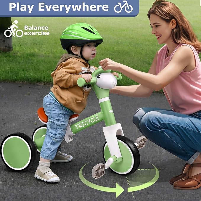 Toddler Balance Bike for Boys Girls, Tricycle for Toddlers 1-5 Year Olds, Toddler Tricycle with Light & Music Front, Kids Bicycle with Removable Pedal, Birthday Gifts for 1 2 3 4 5 Year (Green)