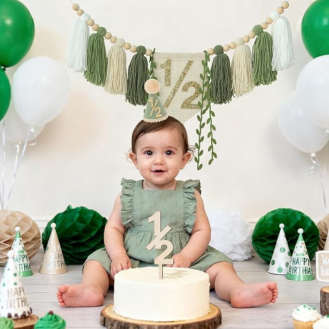 1/2 Birthday High Chair Banner For Half Way To One Party Decorations Wood Bead Tassel Garland Green Crown Hat Wooden Cake Topper Happy Half Year Party Photoshoot Props