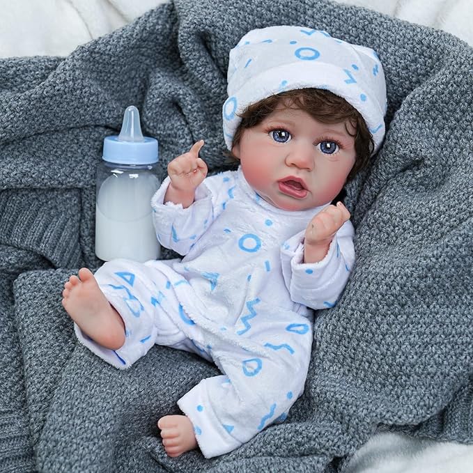 BABESIDE 8 Pcs Baby Doll Clothes Set with Bassinet for 8-10-12 Inch Dolls, Cute Baby Doll Clothes and Accessories Set for Realistic Babydolls Boy, Blue