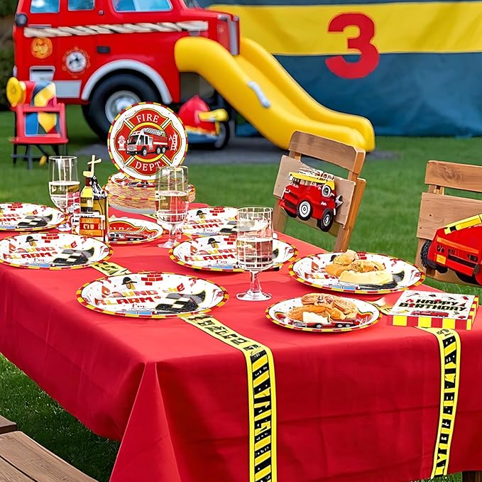 96Pcs Fire Truck 3rd Birthday Decorations Firefighter 3rd Birthday Plates and Napkins Tableware Sets Sound the Alarm Party Decorations for Boys Firetruck Fireman 3 Years Old Party Supplies Serve 24