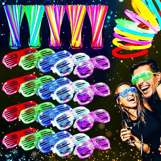 TURNMEON 125 Pack Glow in The Dark Party Supplies Light Up Party Favors with 100 Glow Sticks and 25 Led Glasses Shutter Shades Sunglasses Neon Glow Accessories Easter Basket Wedding Birthday Concert