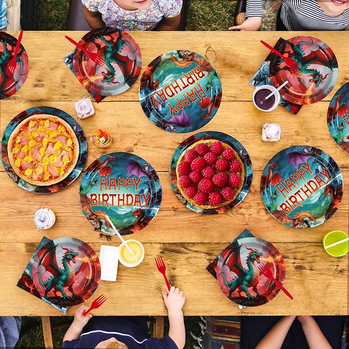 Grencian 96Pcs Dragon Birthday Party Supplies - Red Fire Dragon Party Plates and Napkins Disposable Dragons Theme Dessert Tableware Set for Kids Boys Fantasy Birthday Supplies Serves 24