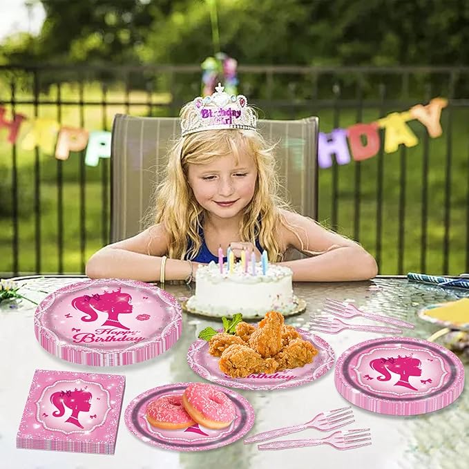 96PCS Pink Girl Plates and Napkins Tableware Set Pink Girl Party Supplies Pink Girl Birthday Party Decorations Pink Princess Theme Party Dinnerware Set Pink Girl Paper Plates Napkins Forks Serve 24
